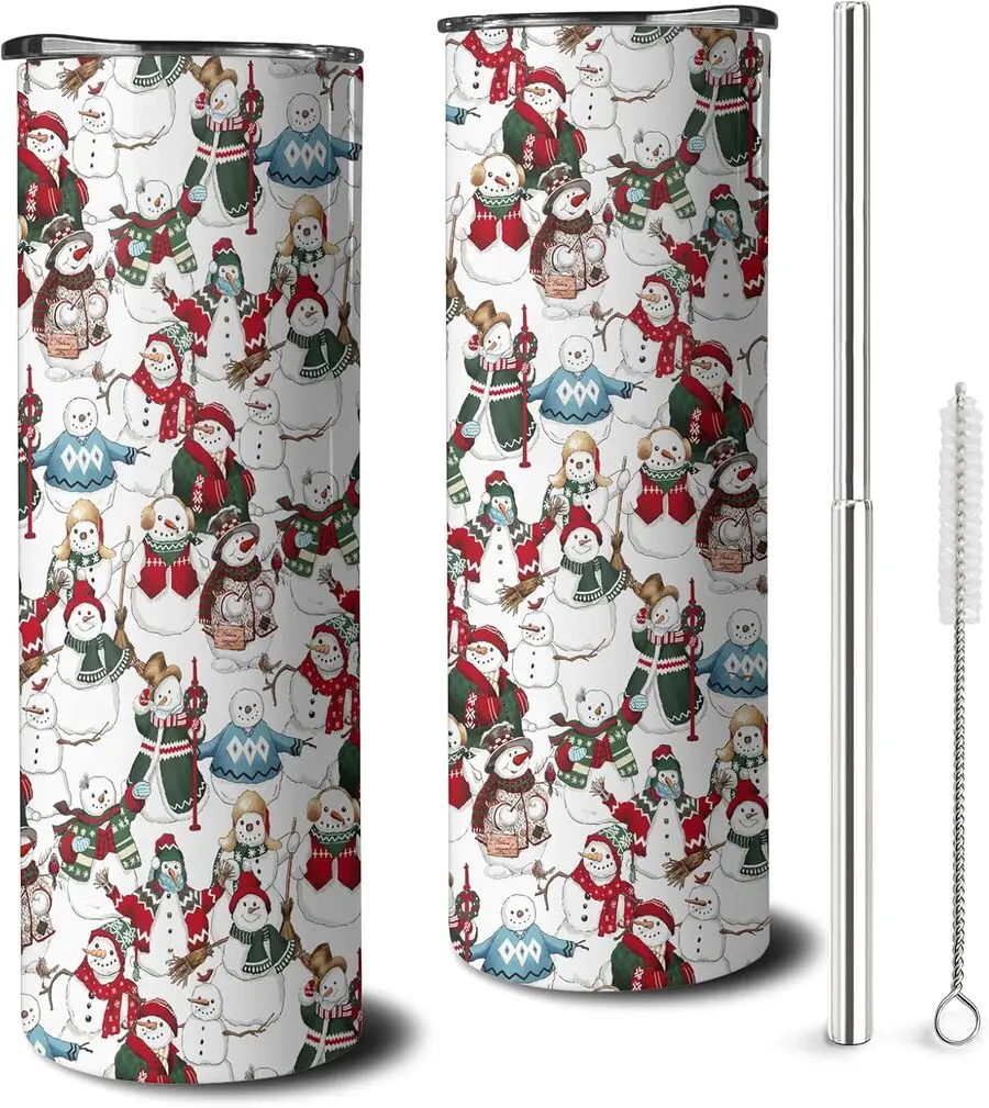 20 oz Retro Christmas Snowman Stainless Steel Vacuum Insulated Portable Skinny Tumbler with Lid and Straw - Kitchenware Drinkware Water Bottle, Christmas Decor Accessory Gift for Women, Water Bottles, Bottles