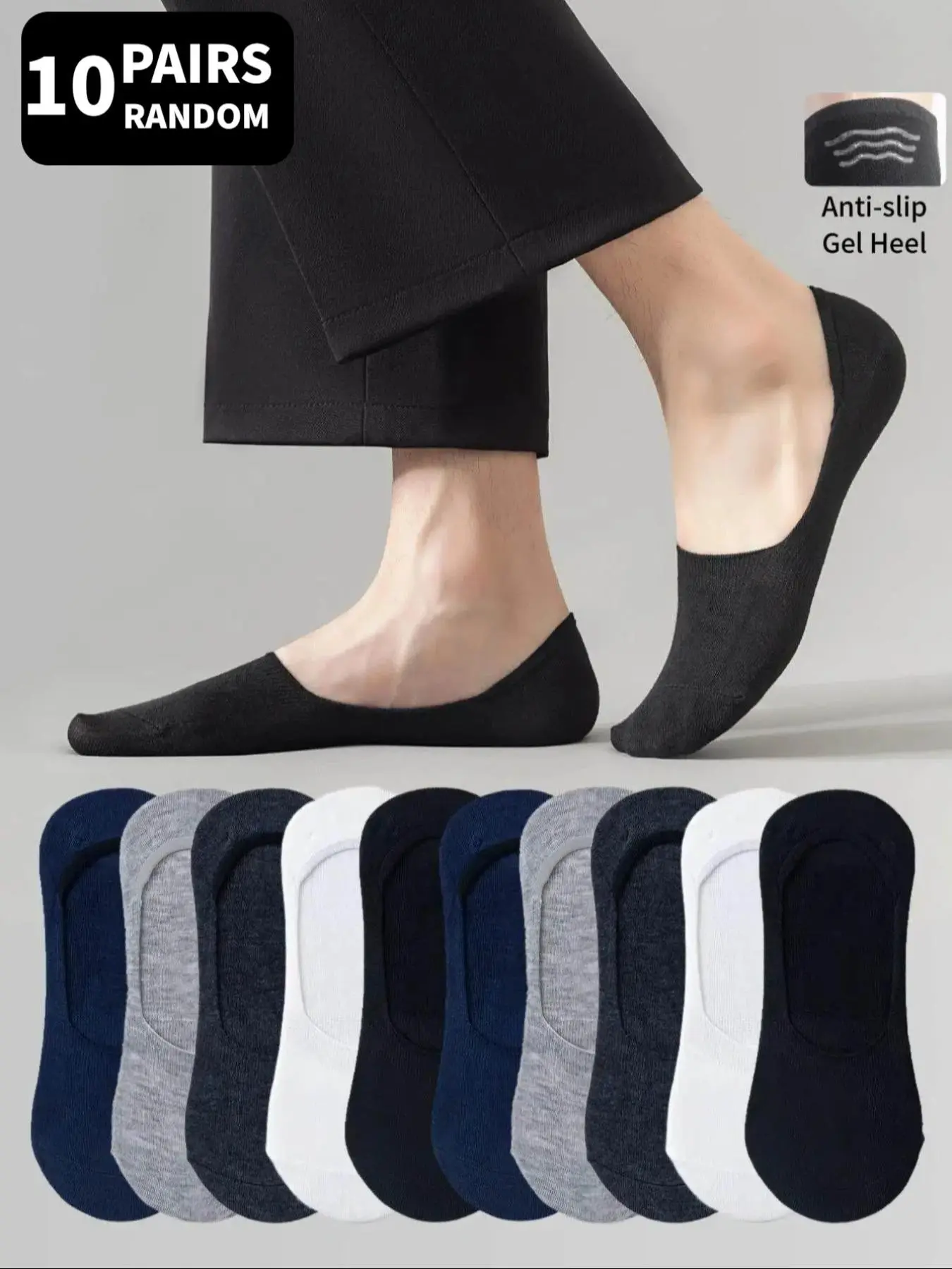 10-Pair Assorted Colors Men's Extra Large Size Heel-Glued Anti-Slip Ultra-Low Cut Invisible Boat Casual Stylish Bulk Socks for Daily Wear or Sports