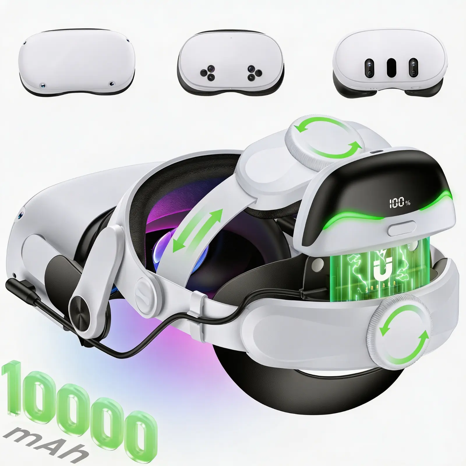 Battery Head Strap for Meta Quest 3/Quest 3S/Quest 2, with Magnetic Hot-Swappable & Detachable 10000mAh Battery Pack, Extends 3–5H Playtime, Comfortable VR Headset Strap for Oculus - MQ4003