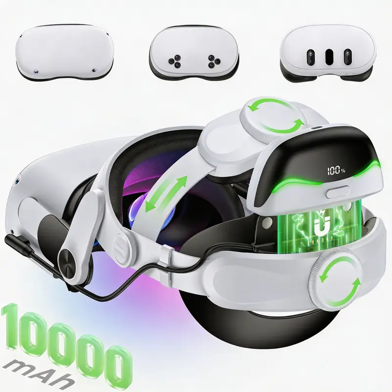 Adjustable Ergonomic VR Accessory Battery Head Strap for Meta Quest 2/3/3S Oculus Devices, Easy Installation Magnetic Snap Hot-Swap 10000mAh Detachable Battery Pack, Detachable Straps, USB-C Port, 1920x1080 Display Support, 3-5H Playtime Extension, MQ4003