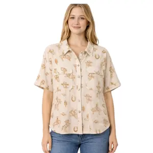 Women's Short Sleeve Button Front Shirt with Horse Print and Horseshoe Design