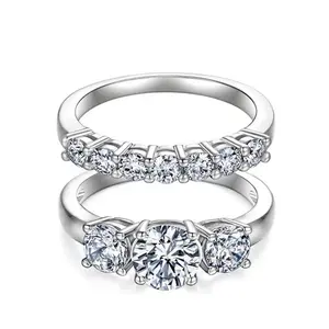 2CT Lab-Created Moissanite Rings Brilliant Cut D Color VVS1 Clarity 3 Stones for Women Stackable High Setting  Hypoallergenic Wedding Engagement Anniversary Birthday Gift Daily Shining Fine Jewelry High Quality
