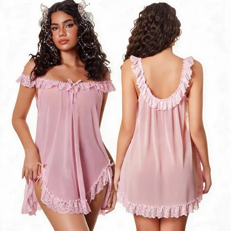 Avidlove Women 2 Piece Babydoll Lingerie Set Sheer Mesh Lace Slip Nightgown | Mesh Babydoll Lingerie Set With Lace Ruffle Slip and Thong.Perfect for Honeymoon,Wedding Night and Bridal Boudoir Shoot Gifts
