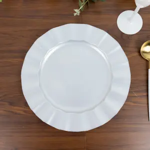 10-Pack Plastic Round Dinner Plates 11" Pearl White Ruffled Rim with Gold Edging - Heavy Duty Disposable Dinnerware
