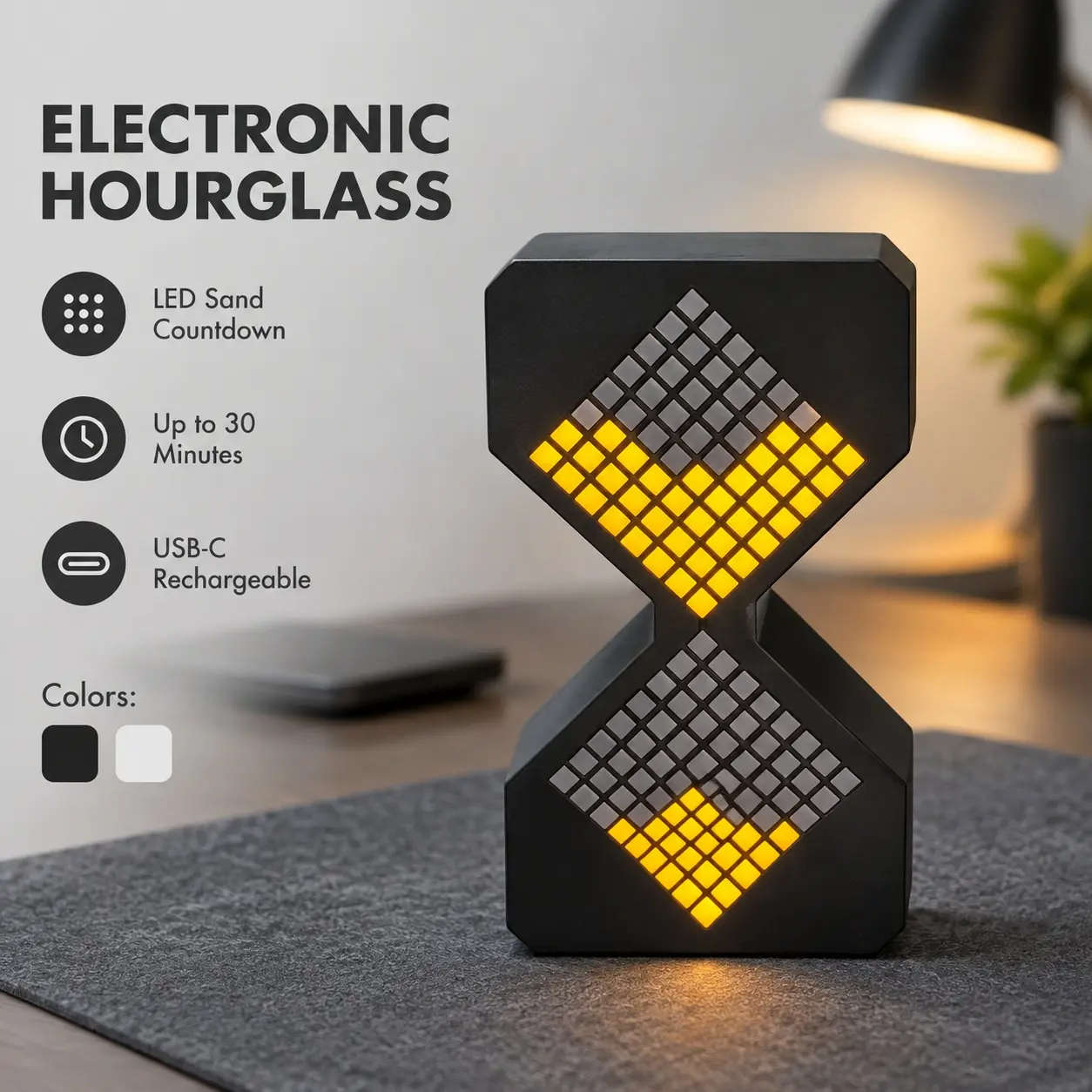 Quriov Electronic Hourglass with Gravity Sensor, USB Rechargeable LED Sand Timer & Dimmable Night Light, 30-Minute Desk Timer for Home, Office, Study