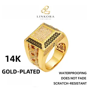 14K Gold-Plated Cuban Link Ring Luxurious Diamond-Encrusted Statement Ring with CZ Simulated Diamonds Unisex Hip-Hop Aesthetic Square Eternity Design Waterproof Scratch-Resistant