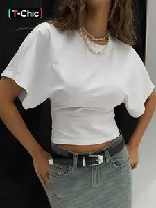 Women's Solid Color Round Neck Short Sleeves T-shirt, Basic Plain Minimalist Top for Party, Night Out & Holiday, Casual Crop Tee for Ladies, Summer Streetwear, Casual Cropped Tee