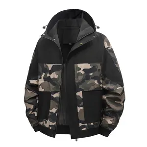 Men's Black Camo Patchwork Hooded Jacket, Streetwear Casual Outdoor Utility Coat