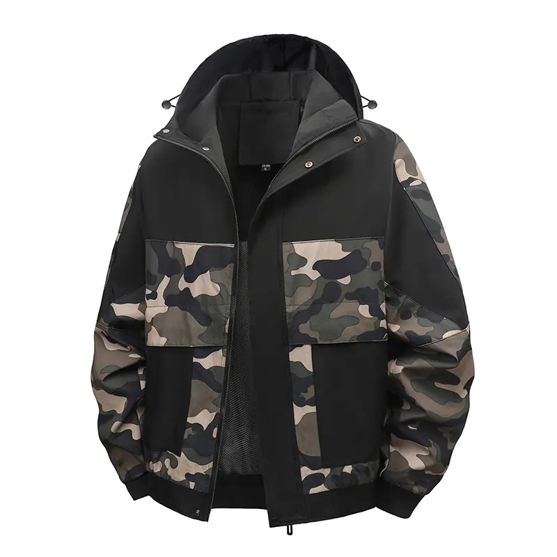 Men's Fitted Black Camouflage Patchwork Long-Sleeve Hooded Jacket - Menswear Streetwear Casual Outdoor Ready Utility Coat