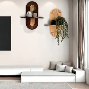 Boho Wooden Wall Shelf with Woven Rattan Details, Medieval Modern Style, Vintage Home Decor, Decorative Floating Shelves for Plants & Vases, Living Room Bedroom Bathroom Office