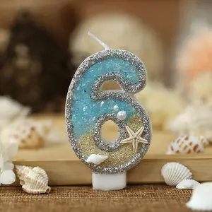 3inch Birthday Candle Large Number 4 Candle Marine style Beach Starfish Seashells Cake Topper for Kids Birthday Party Decoration