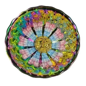 Luminous "Fu" Character Glass Bowl Colorful Glow-in-the-Dark Iridescent Rainbow Hued Art & Tradition Symbol of Prosperity 9.6cm Diameter 6cm Height