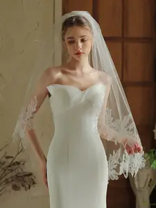 Luxurious Bride Veil, 100cm Single Layer Embroidered Floral Lace Trim, Romantic Wedding Hair Accessory, Transparent Tulle Veil for Bridal Shower