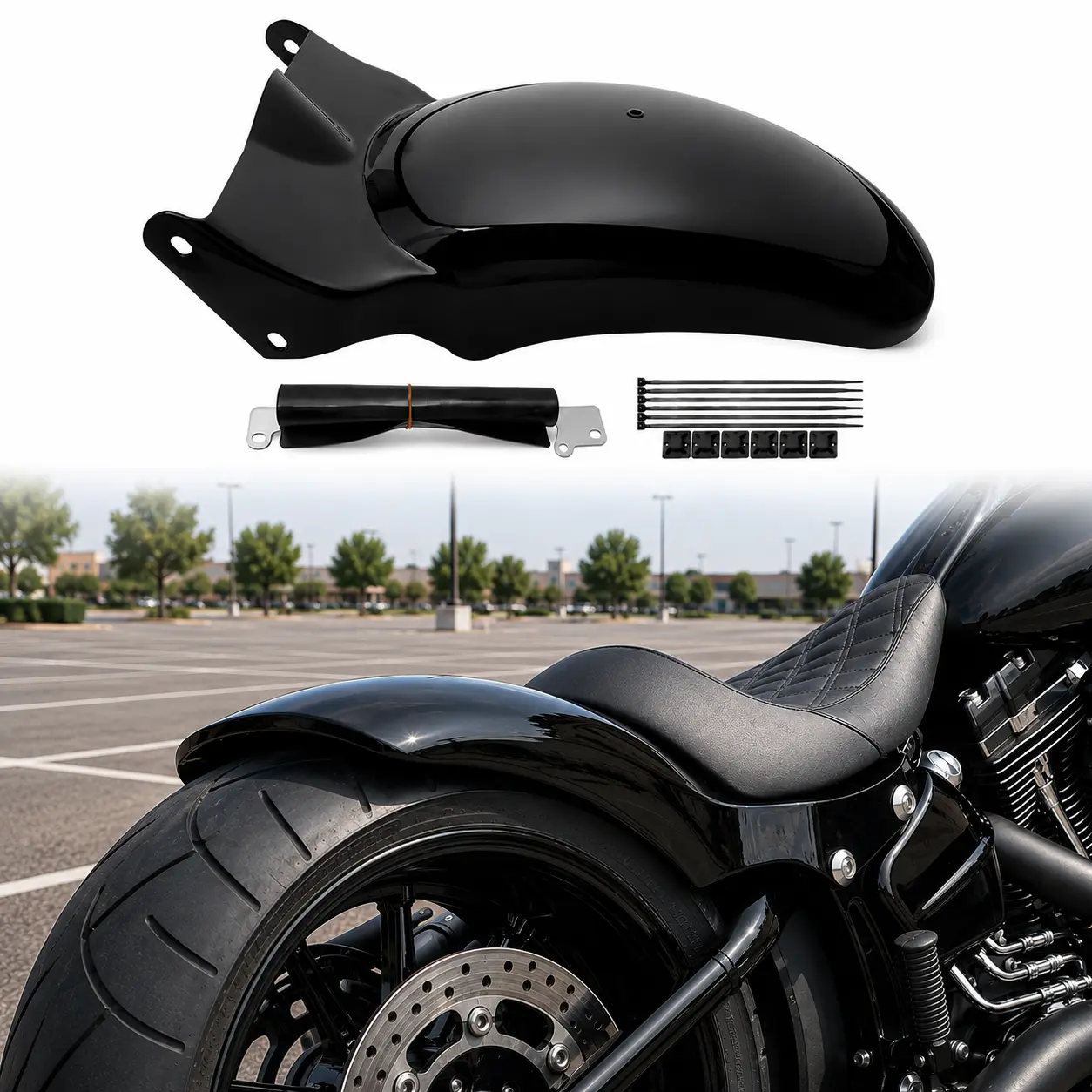 Vivid Black Short Rear Fender Mudguard with Integrated LED Running Brake Turn Signal and Hazard Lights for Harley-Davidson Softail Fat Boy FLFB FLFBS and Breakout FXBR FXBRS 2018-2026, Pre-Drilled Stamped Heavy-Duty Steel Aftermarket Replacement Assembly