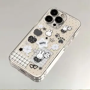 New Kawaii Miffy Phone Case For iPhone 17 16 15 14 13 12 11 Pro Max Plus Air And Galaxy S25 S24 S23 S22 Ultra Plus FE Transparent Black Graffiti Soft Shell