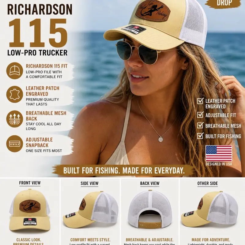 Women fishing hat Richardson 115 Low-Pro Trucker Hat with Leather Patch Engraved, Adjustable Snapback, Breathable Mesh Back, Built for Fishing, Made for Everyday Use