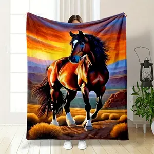 Wild West Sunset Horse Throw Blanket, Featuring a Majestic Bay Horse With Blazing Sunset Backdrop, Ultra Soft Cozy Fleece, Perfect for Couch Bed or Western Themed Decor, Bring the Spirit of the