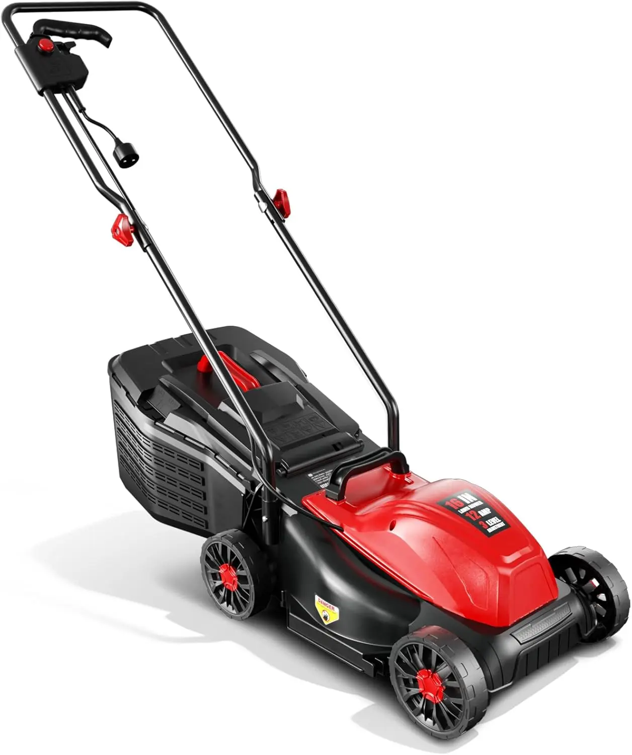 Corded Lawn Mower, 12 A 16-in Garden Tool, 3-Position Height Adjustment, 2-in-1 Mulching & Bagging, Ideal for Small to Medium-Sized Outdoor Lawn Care Needs