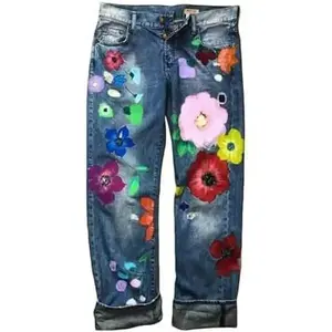 Women Vintage Floral Print High Waist Distressed Straight Leg Jean Loose Baggy Boyfriend Ripped Flower Denim Pant