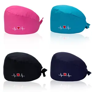 4 Pcs Mix Scrub Caps for Women Nursing Working Caps with Button and Sweatband Adjustable Elastic Scrub Hats for Dentist Dental Nurses