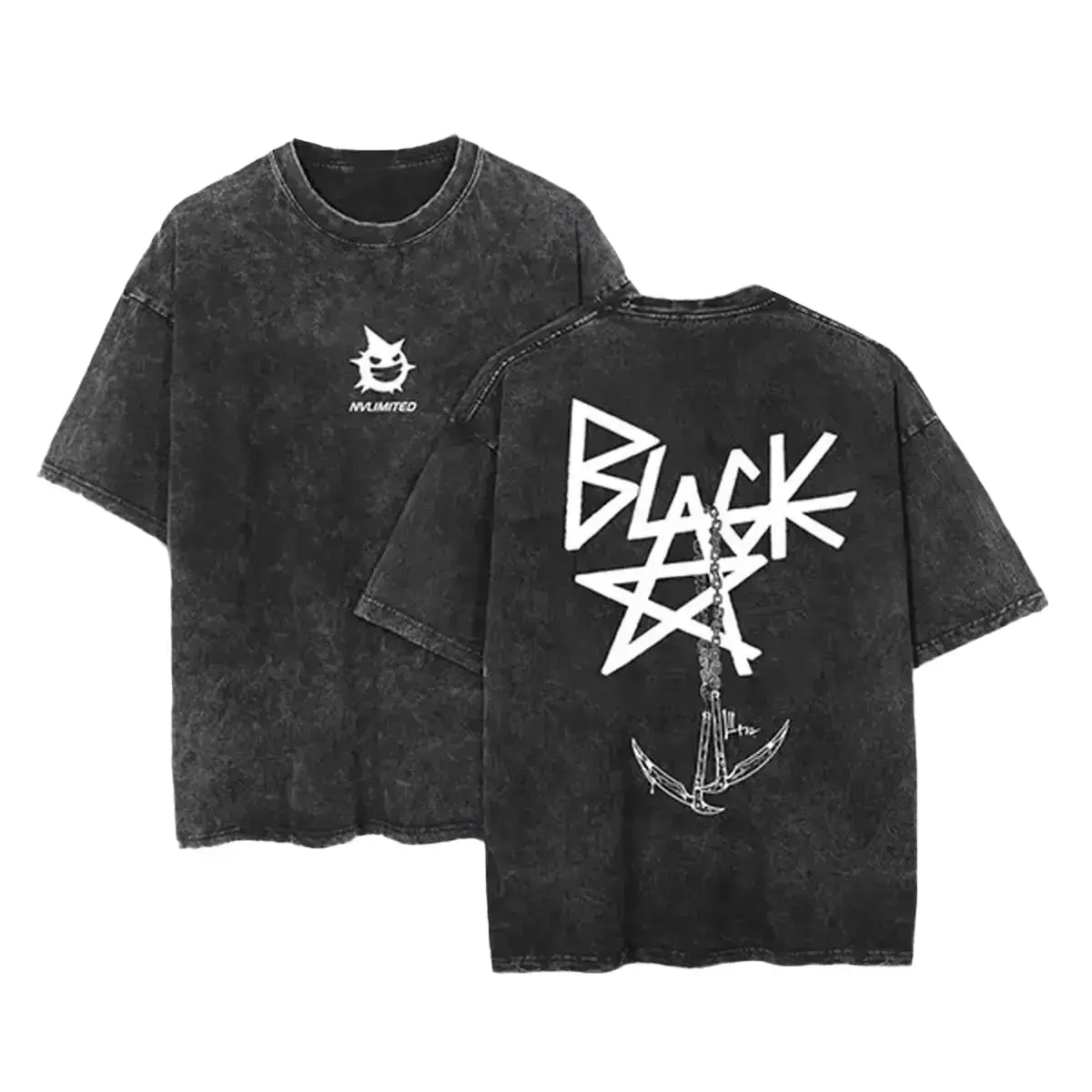 Men's Blackstar X Chain Scythe Soul Eater Anime Oversized Cotton T-Shirt - Classic Seamless Short-Sleeve Loose-Fit Vintage Washed Unisex Apparel for Anime Fans, Tshirt, Shortsleeve, Breathable, Fabric, Menswear, Soft, Pre-Washed, Relaxed, Round Neck, Tee