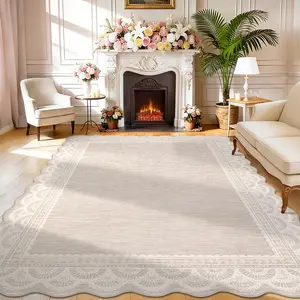 Modern Solid Color Washable Indoor Rug with Lace-printed Border Soft and Foldable Decorative Rug Stain-resistant and Slip-resistant for Bedrooms Dining Rooms Nurseries Apartments and Laundry Rooms