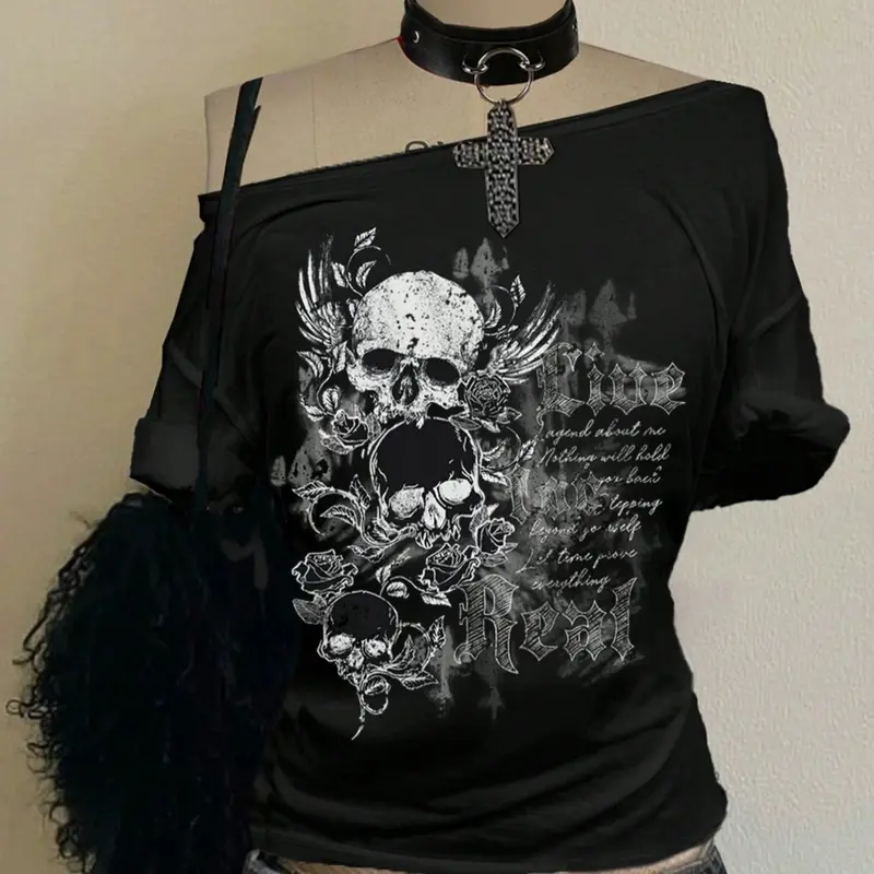 Women's Rose Skull Print Loose-Fit Casual Streetwear Chic Summer Top Fabric, Y2K Style Off-Shoulder Asymmetric Design, Womenswear, Perfect for Parties & Social Events