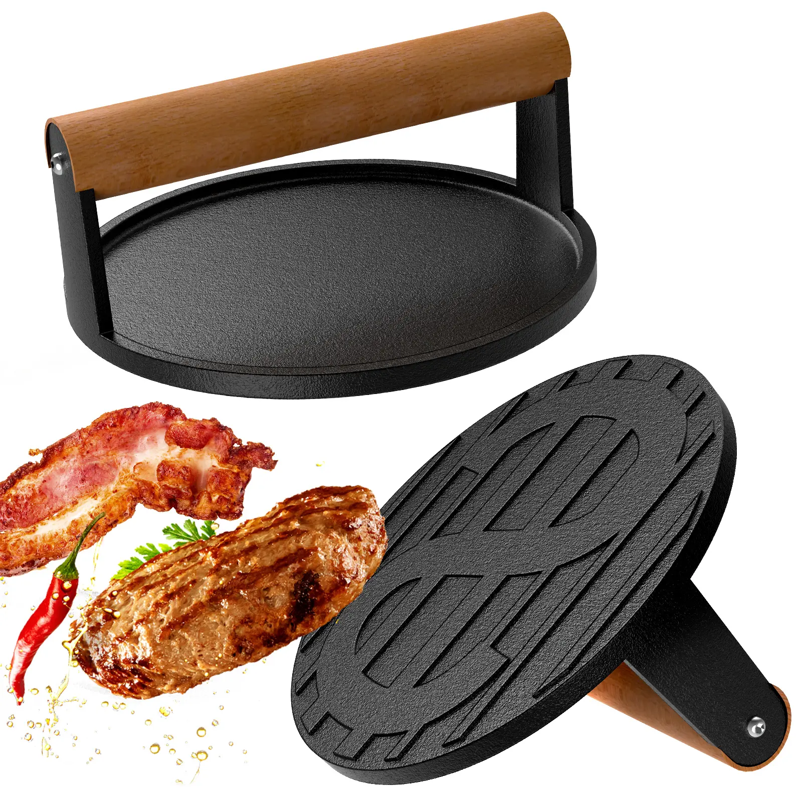 [SummerVibes]BESTFIRE Smashed Burger Press – 7" Round Heavy Duty Cast Iron Smash Tool with Wooden Handle, Perfect for Blackstone Griddle, Make Juicy & Crispy Smash Burgers for BBQs, Cookouts & Flat Top Grills
