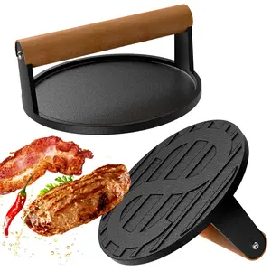 [SummerVibes]BESTFIRE Smashed Burger Press – 7" Round Heavy Duty Cast Iron Smash Tool with Wooden Handle, Perfect for Blackstone Griddle, Make Juicy & Crispy Smash Burgers for BBQs, Cookouts & Flat Top Grills