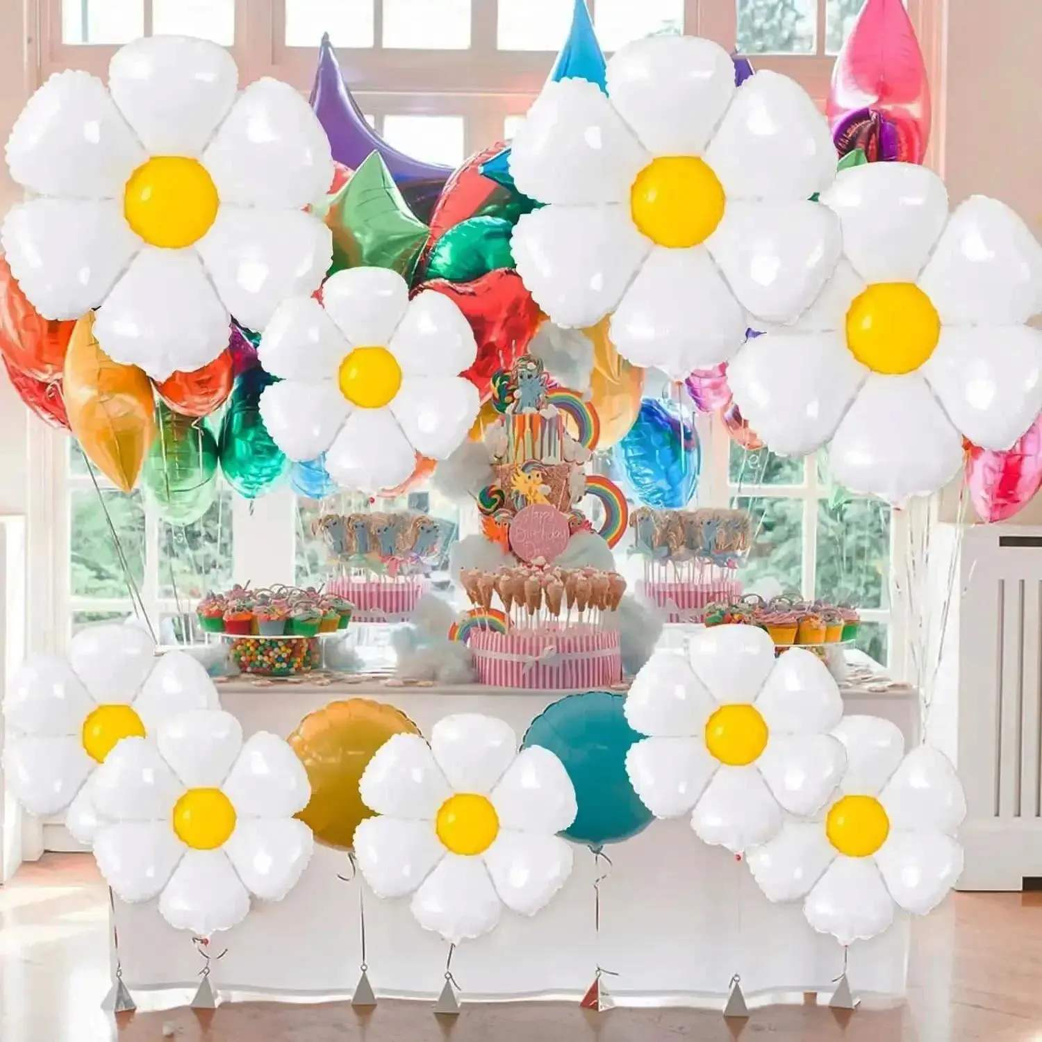 Large Floral Daisy Foil Balloons - White DIY Party Decorations for Girls' Birthday, Baby Shower Events, No
