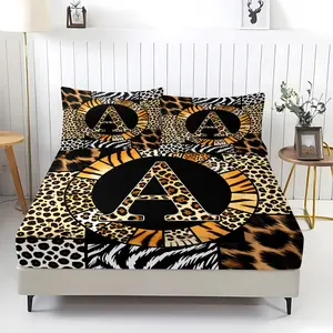 Fitted Sheet 3pcs Set: Fitted Sheet Set + 2 Pillowcases. Wild Safari Chic, Featuring Bold 26 Monogrammed Print. Earthy Tones, Perfect for Fashion-forward Bedrooms, Dorms, and Stylish Decor, No Filling.