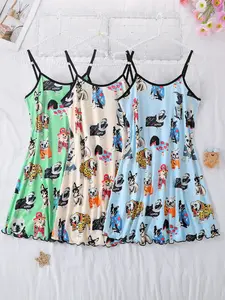 3-Piece Women's Summer Cartoon Animal Print Sleeveless Nightdress, Soft Comfortable Thin Strap Sleep Dress, All Season Breathable Pajama Set
