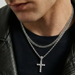 Rhinestones Cross Necklace for Men Layered Cross Pendant Necklace for Men Unisex Stainless Steel Cuban Chain and Rope Chain