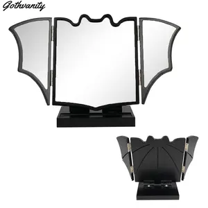 Bat Shaped Trifold Vanity Mirror, Gothic Bat Mirror, Solid Wood Makeup Mirror with 180° Adjustable Panels & Storage Tray - Gothic Decor for Vanity Dressing Table, Ideal Gift for Goth Enthusiasts