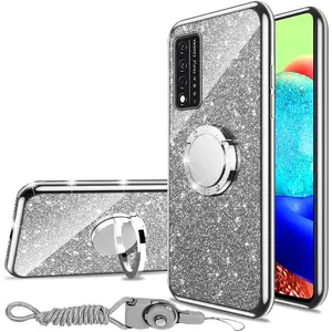 for T-Mobile Revvl V Plus 5G Phone Case with Ring Stand Lanyard Girls Women Men Cute Glitter Soft TPU Shockproof Protection Cover - Silver ﻿