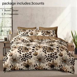 Leopard Print & Wildflower 3 piece set Breathable Duvet Set Unique design pattern Counts/set Including 1Count Bedspread & 2 Counts Pillowcase without Filler,Soft Breathable Bedding Set for Bedroom