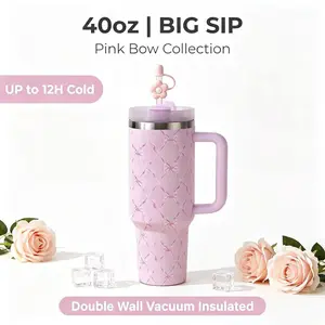 40oz New Bow Design Tumbler, Double Wall Vacuum Insulated Stainless Steel Water Bottle, 2-in-1 Lid with Straw & Cover, 12h Cold 6h Hot, Termo de Agua, Travel Mug, Gift for Women, Ships from US