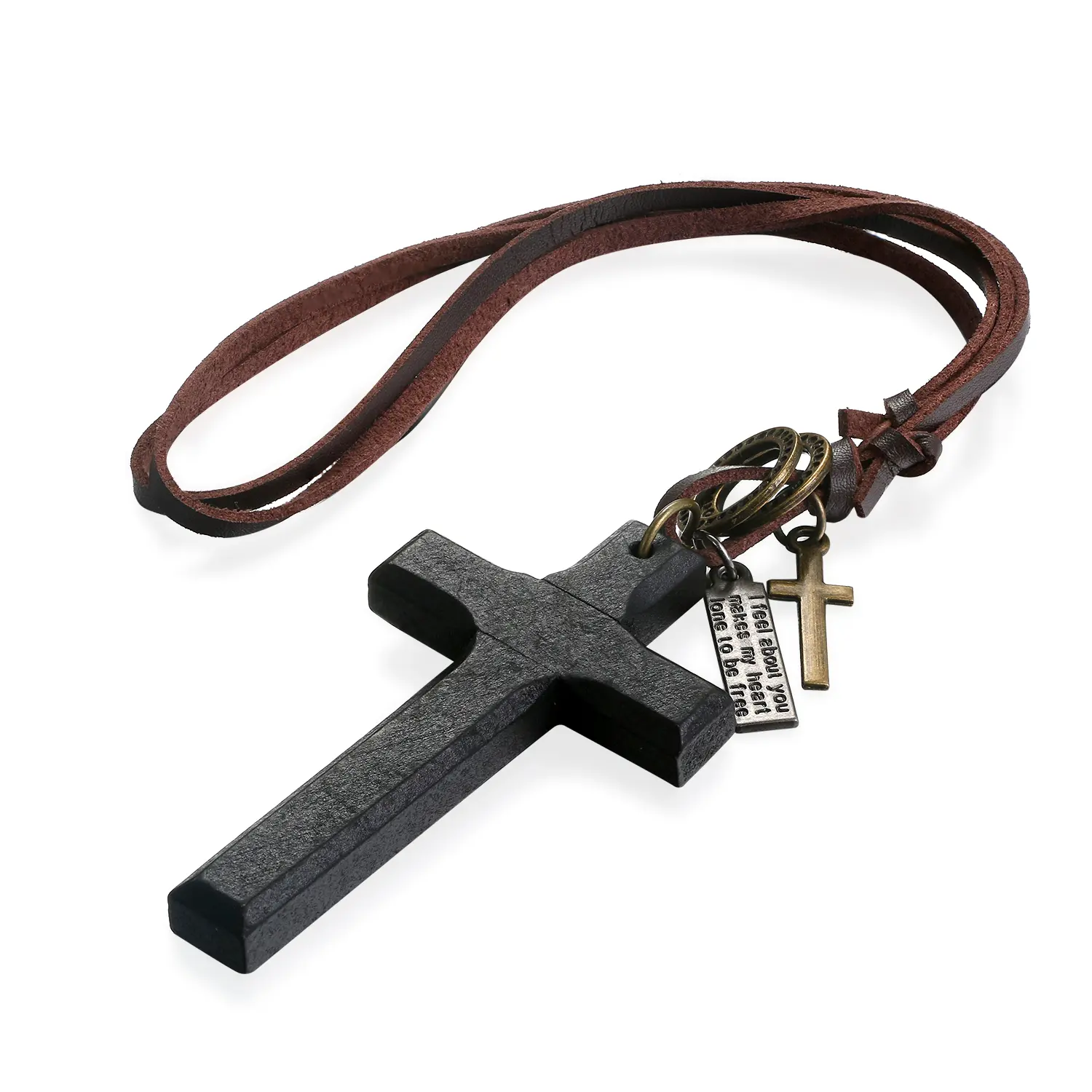 OIDEA Unisex Woody Alloy-Framed Wood Detail Cross Necklace - Adjustable 16.9"-31.5" Leather Cord, 3.34" Pendant, 0.61 oz, Black Brown Religious Spiritual Jewelry, Daily Casual Accessory, Meaningful Gift