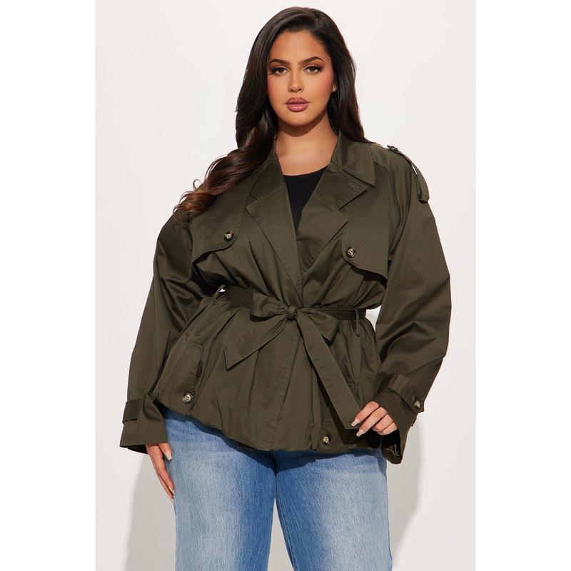Ms. Hailey Bubble Hem Cropped Trench - Olive - TikTok Shop