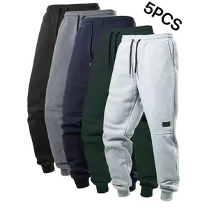 Men's wool lined solid color running sports pants with drawstring, casual warm sports pants as a gift