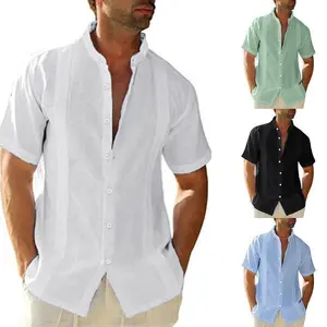 Men's short sleeved linen cotton Cuban shirt button up beach shirt, M-3XL