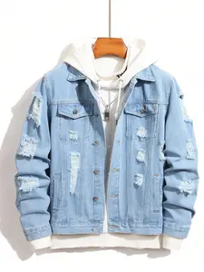 Men's Light Blue Ripped Casual Slim-Fit Denim Jacket. Featuring a classic lapel and button design, paired with ripped details that add a street - trendy vibe, it's suitable for creating a casual and personalized daily outfit style.(no inner wear included)