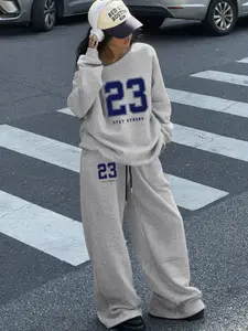 Women's Two-Piece Set Asymmetrical Neck Thickened Fleece Fitted Sweatshirt and Pants Light Street Style Casual Fashion Fall & Winter