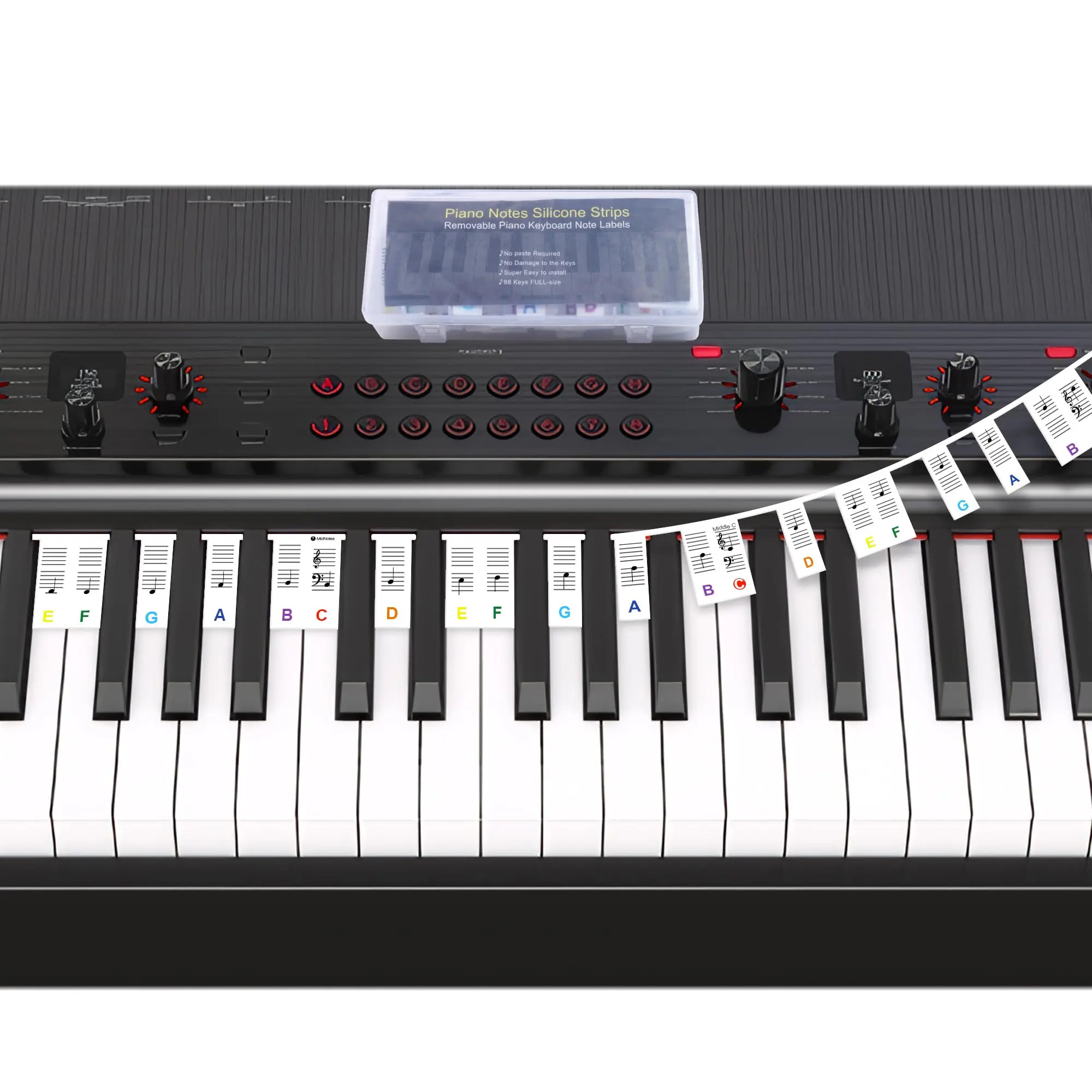 Piano Key Guide Removable silicone piano keyboard note labels Fits 88/76/61/54/49/37-key keyboards Multi-color large bold font Ideal for beginners Reusable Includes storage case
