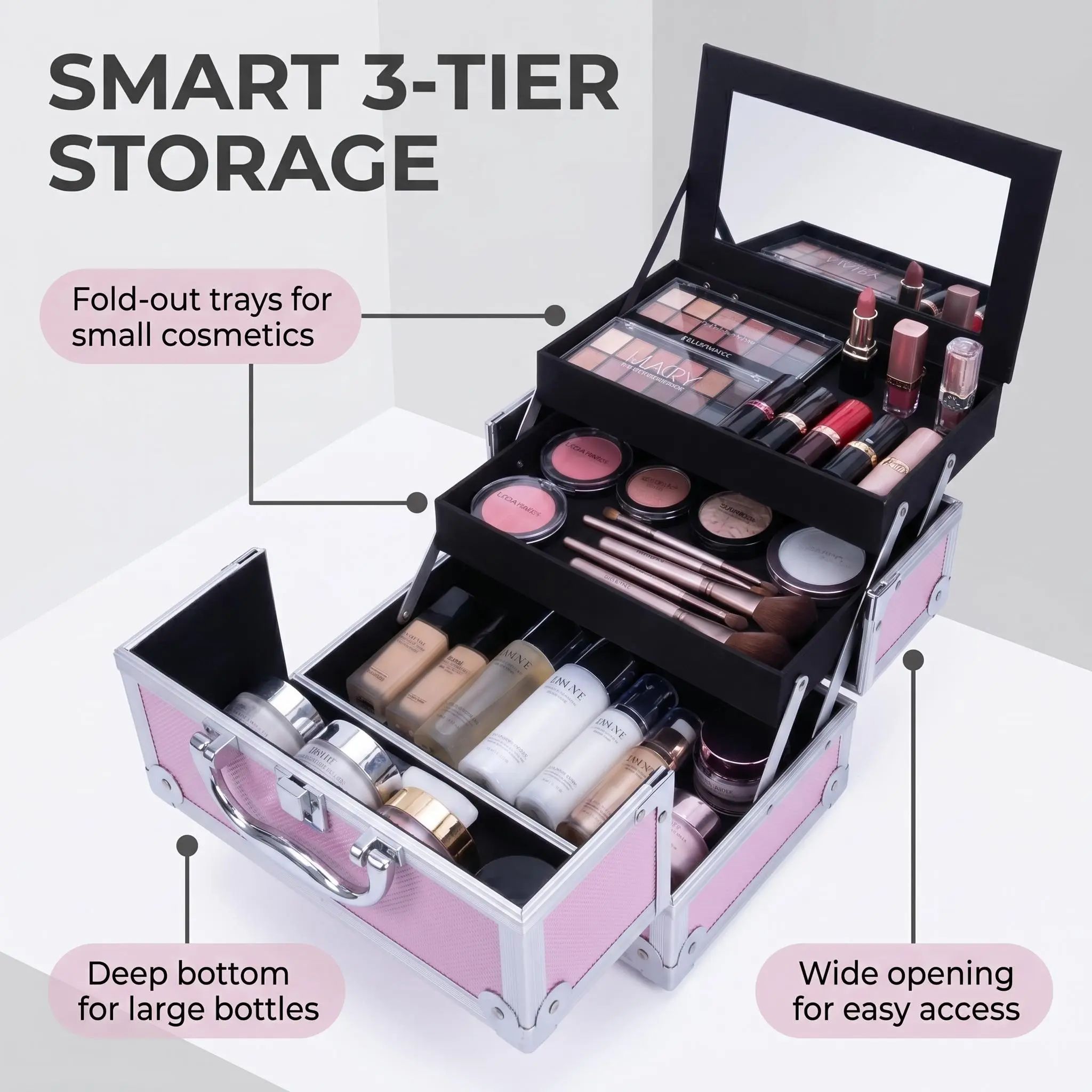 Portable Eco-Friendly Pink Aluminum Makeup Train Case with Lock, Mirror, 3-Tier Foldable Storage Compartments, 9"x6"x6" Compartmented Make-Up Bag for Makeup Organization