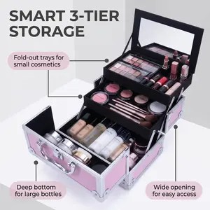Portable Pink Cosmetic Organizer Case with Lock Aluminum Makeup Train Case Mirror 3 Tier Foldable Storage Compartments