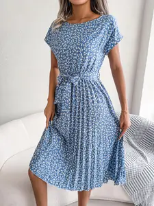Women's Ditsy Floral Print Belted  Dress, Casual Bohemian Boho Short Sleeve A Line Dress for Summer, Ladies Clothes for Daily Wear, Womenswear