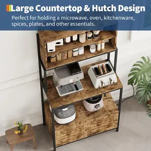 6-Tier Kitchen Bakers Rack with Power Outlet - 67in Industrial Microwave Stand with Shelves   Cabinet - Freestanding Storage Organizer for Pots Pans Spices Kitchen Essentials - Rustic Brown