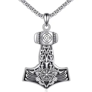 Thor's Hammer Necklace Sterling Silver Viking Mjolnir Compass Pendant Celtic Crow Jewelry Gift for Women Men