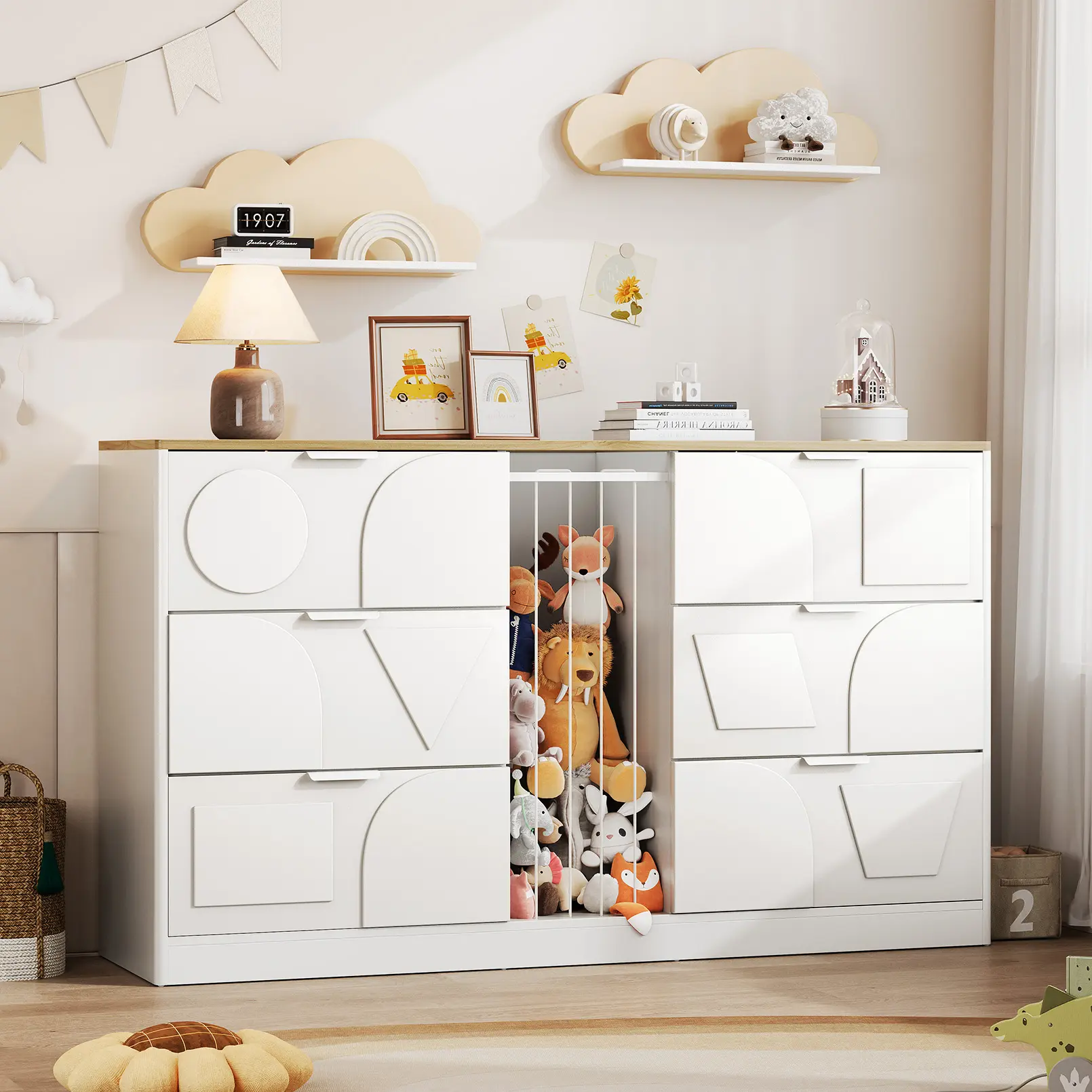 6 Drawer Dresser for Bedroom, 58.1" Wide Wooden Dresser with Geometric Patterns for Kids, Large Dressers & Chests of Drawers for Storing Toys and Yoga Mat
